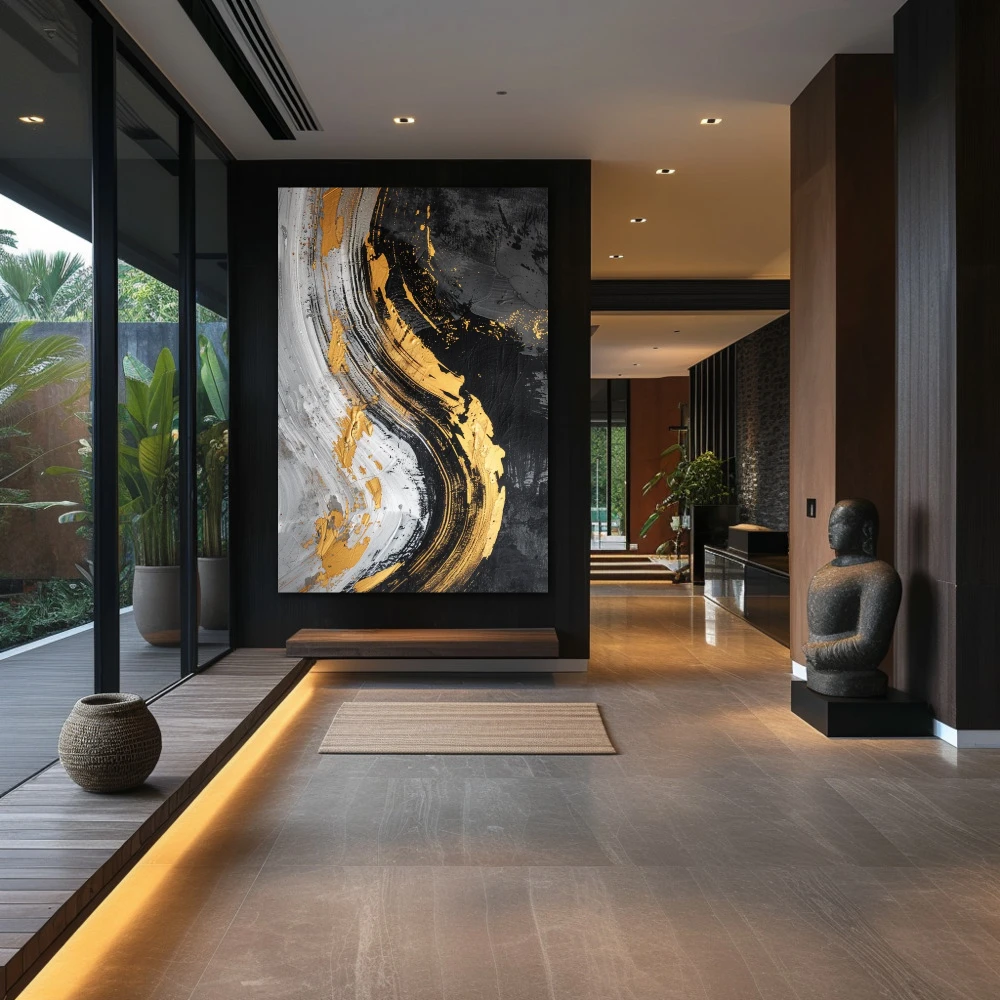 Wall Art titled: Golden Magma in a Vertical format with: Golden, Grey, and Black Colors; Decoration the Hallway wall