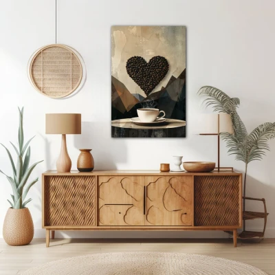 Wall Art titled: Awakening of Aroma and Passion in a  format with: Grey, and Brown Colors; Decoration the Sideboard wall