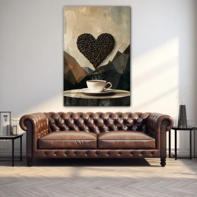 Wall Art titled: Awakening of Aroma and Passion in a  format with: Grey, and Brown Colors; Decoration the Above Couch wall