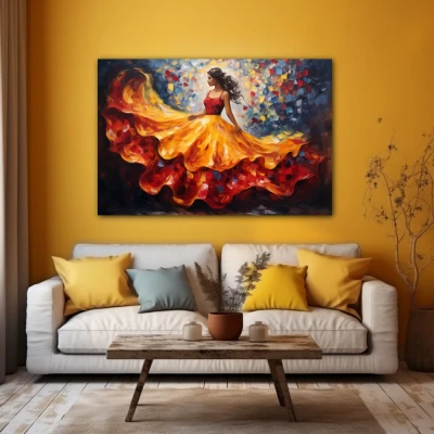 Wall Art titled: Skirt in Flight in a Horizontal format with: Blue, Orange, and Red Colors; Decoration the Yellow Walls wall