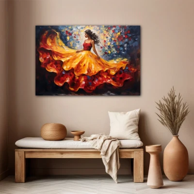 Cuadro Falda al vuelo en formato horizontal con colores Azul, Naranja, Rojo; Decorando Pared beige Cuadro Falda al vuelo en formato horizontal con colores Azul, Naranja, Rojo; Decorando Pared beige