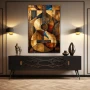 Wall Art titled: Cubist Harmony in a Vertical format with: Golden, and Brown Colors; Decoration the Sideboard wall