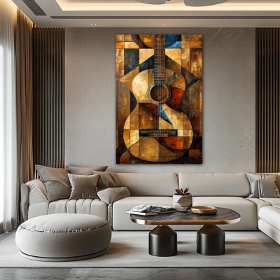 Wall Art titled: Cubist Harmony in a Vertical format with: Golden, and Brown Colors; Decoration the Above Couch wall