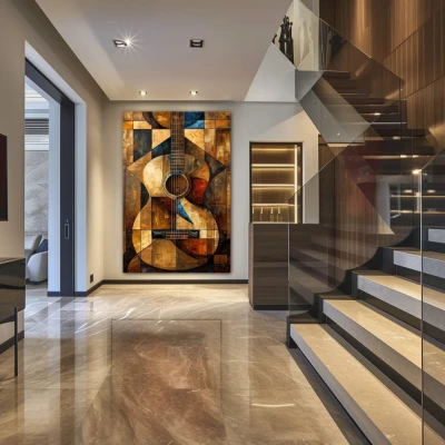 Wall Art titled: Cubist Harmony in a Vertical format with: Golden, and Brown Colors; Decoration the Staircase wall