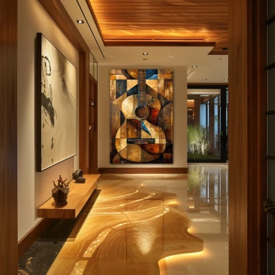 Wall Art titled: Cubist Harmony in a Vertical format with: Golden, and Brown Colors; Decoration the Hallway wall