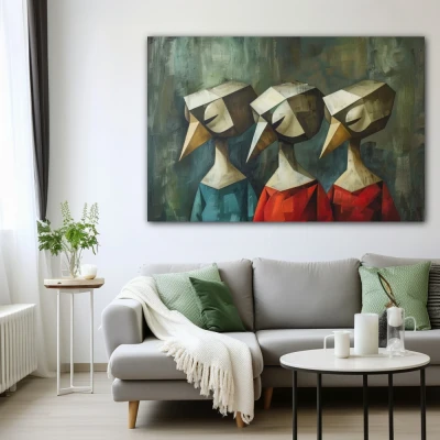 Cuadro Arlequines En Sinfonía Muda en formato horizontal con colores Gris, Rojo, Verde; Decorando Pared blanca Cuadro Arlequines En Sinfonía Muda en formato horizontal con colores Gris, Rojo, Verde; Decorando Pared blanca