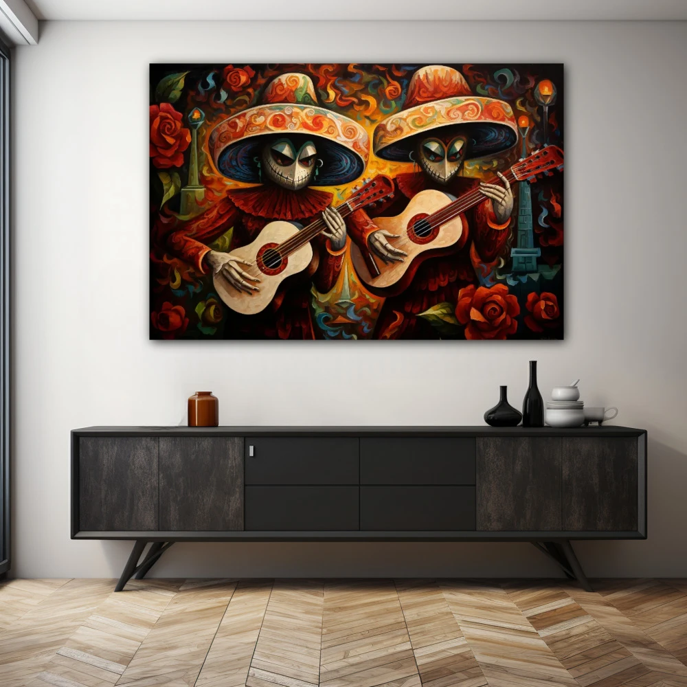 Cuadro duo acoustic en formato horizontal con colores naranja, rojo; decorando pared de aparador