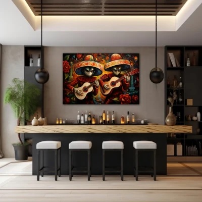 Wall Art titled: Acouctic Duo in a  format with: Orange, and Red Colors; Decoration the Bar wall