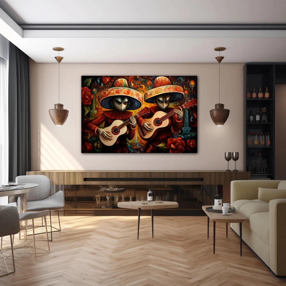 Wall Art titled: Acouctic Duo in a Horizontal format with: Orange, and Red Colors; Decoration the Bar wall