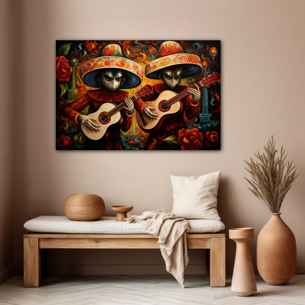 Wall Art titled: Acouctic Duo in a Horizontal format with: Orange, and Red Colors; Decoration the Beige Wall wall