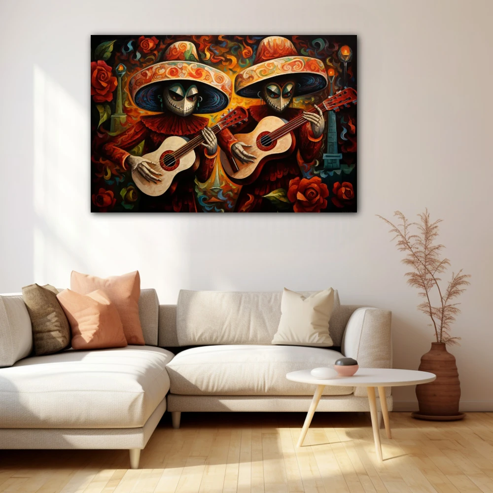 Wall Art titled: Acouctic Duo in a Horizontal format with: Orange, and Red Colors; Decoration the Beige Wall wall