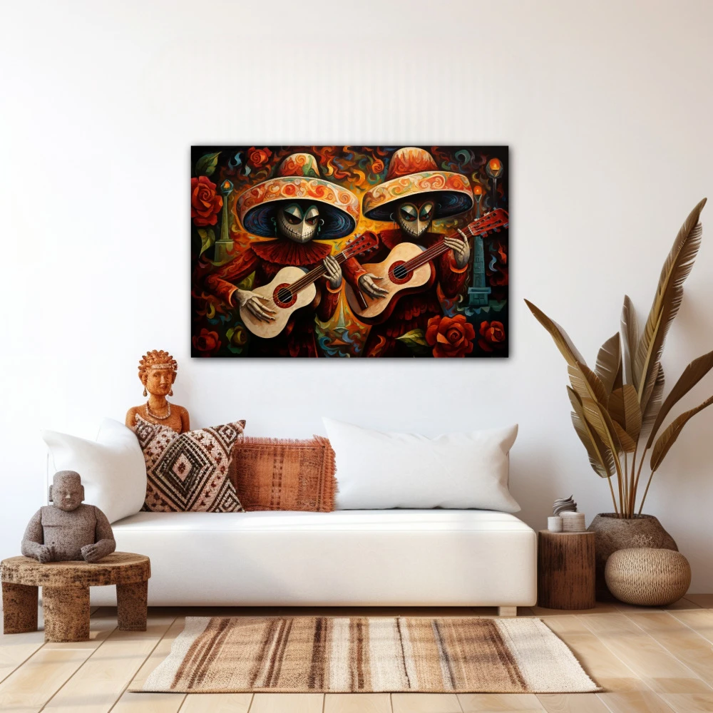 Wall Art titled: Acouctic Duo in a Horizontal format with: Orange, and Red Colors; Decoration the White Wall wall