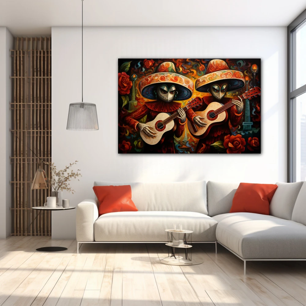 Wall Art titled: Acouctic Duo in a Horizontal format with: Orange, and Red Colors; Decoration the White Wall wall