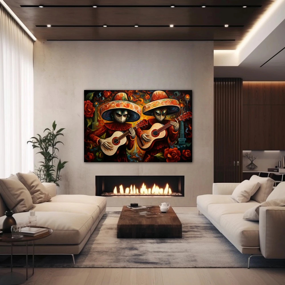 Wall Art titled: Acouctic Duo in a Horizontal format with: Orange, and Red Colors; Decoration the Fireplace wall