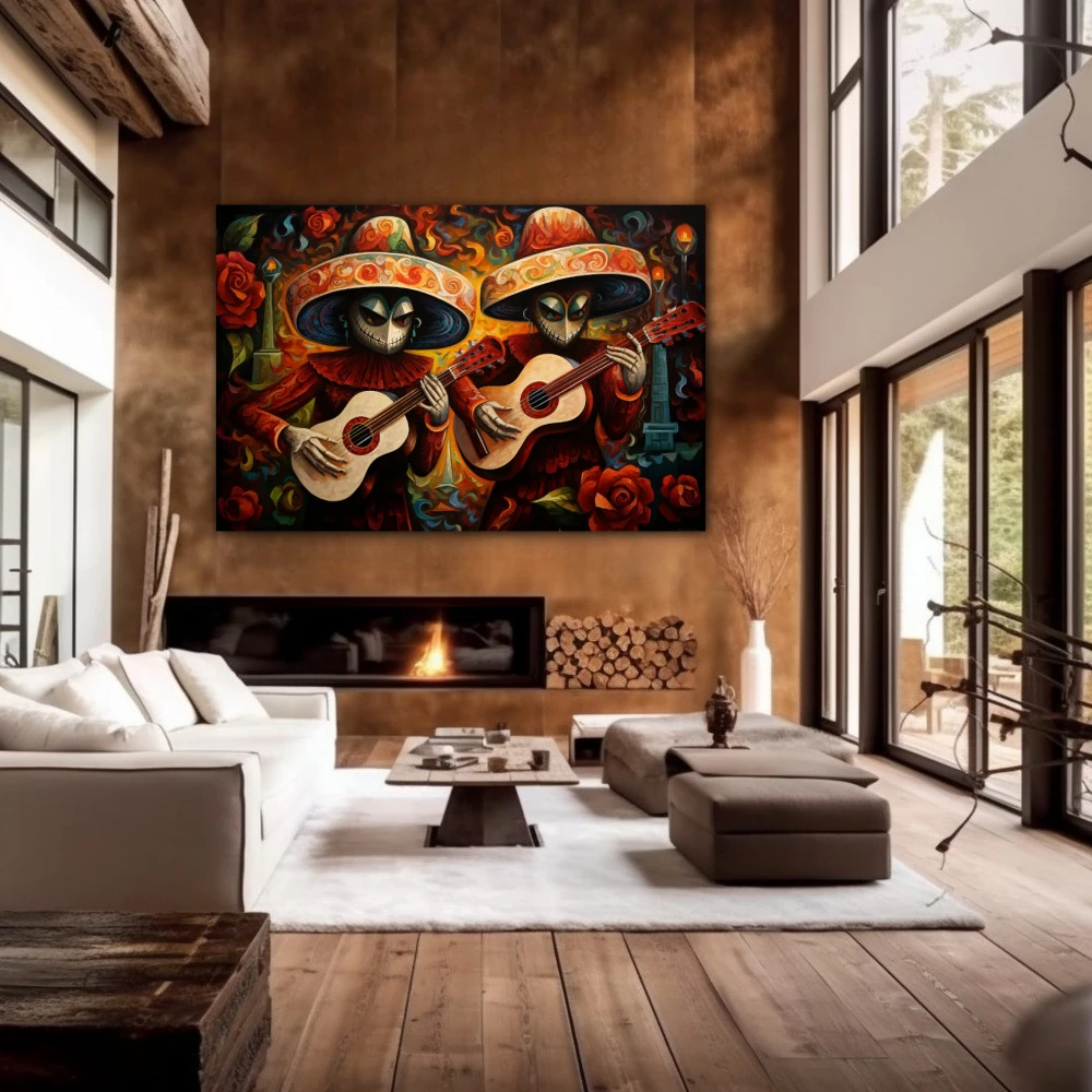 Wall Art titled: Acouctic Duo in a Horizontal format with: Orange, and Red Colors; Decoration the Fireplace wall