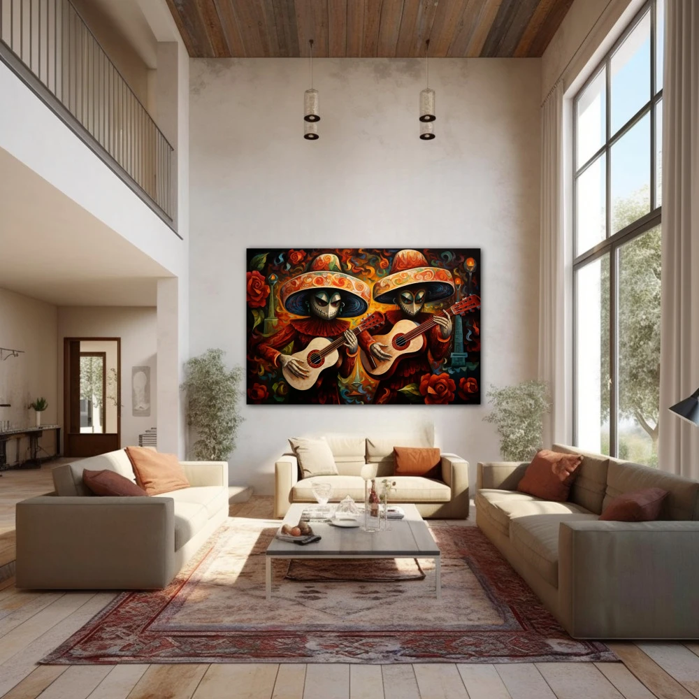 Wall Art titled: Acouctic Duo in a Horizontal format with: Orange, and Red Colors; Decoration the Above Couch wall