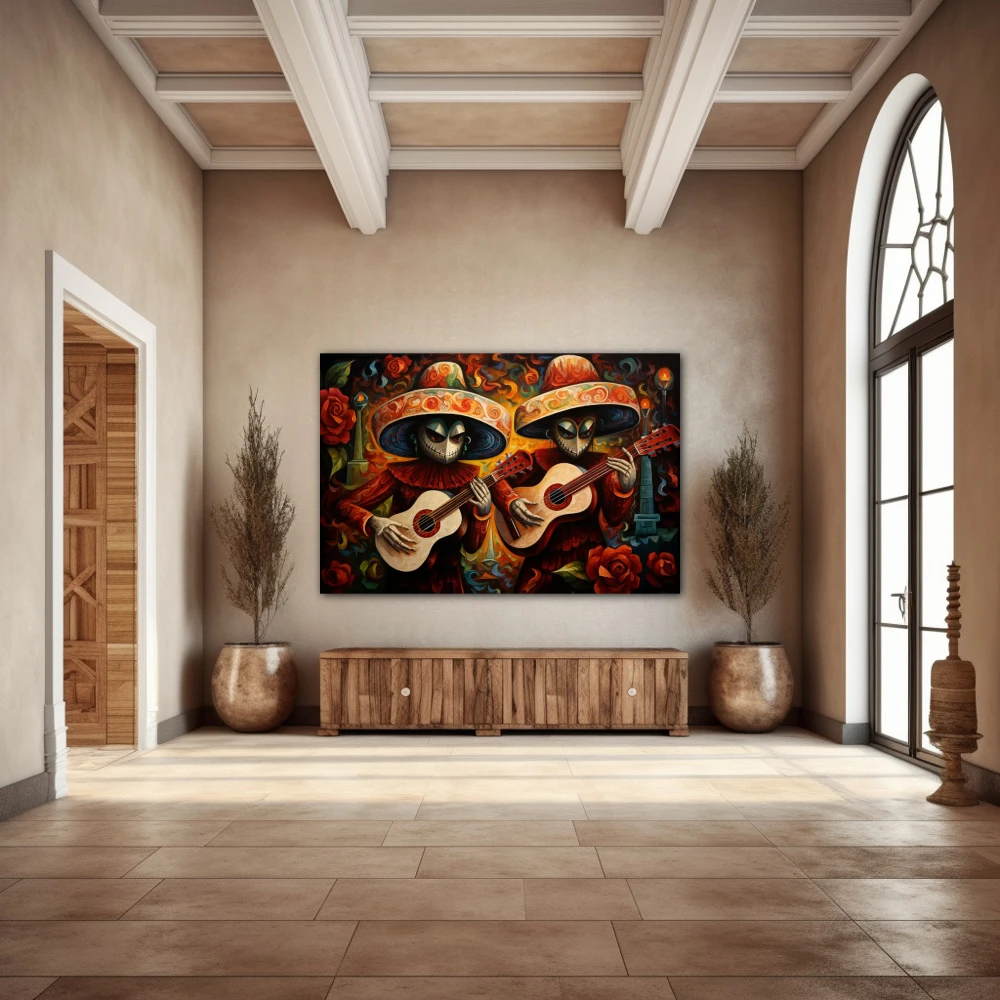 Wall Art titled: Acouctic Duo in a Horizontal format with: Orange, and Red Colors; Decoration the Entryway wall