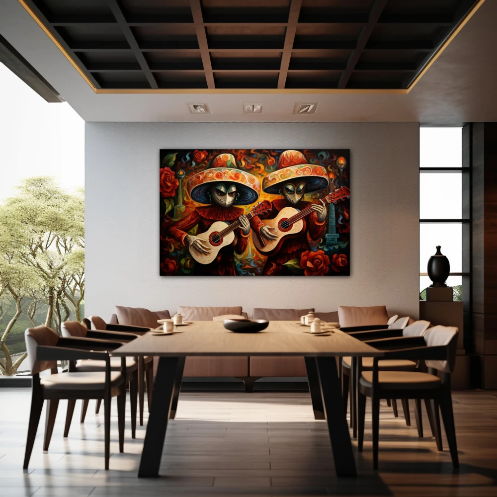 Wall Art titled: Acouctic Duo in a Horizontal format with: Orange, and Red Colors; Decoration the Restaurant wall