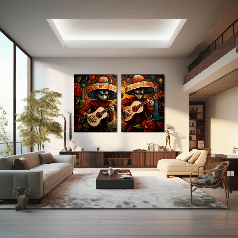 Wall Art titled: Acouctic Duo in a Horizontal format with: Orange, and Red Colors; Decoration the Living Room wall