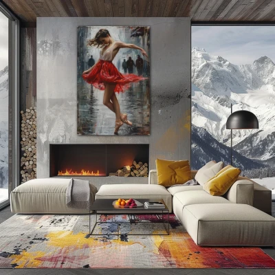 Wall Art titled: Crimson Reverie in a  format with: Grey, and Red Colors; Decoration the Fireplace wall