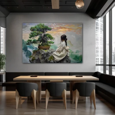 Wall Art titled: Roots in the Abyss in a  format with: Grey, and Green Colors; Decoration the Restaurant wall