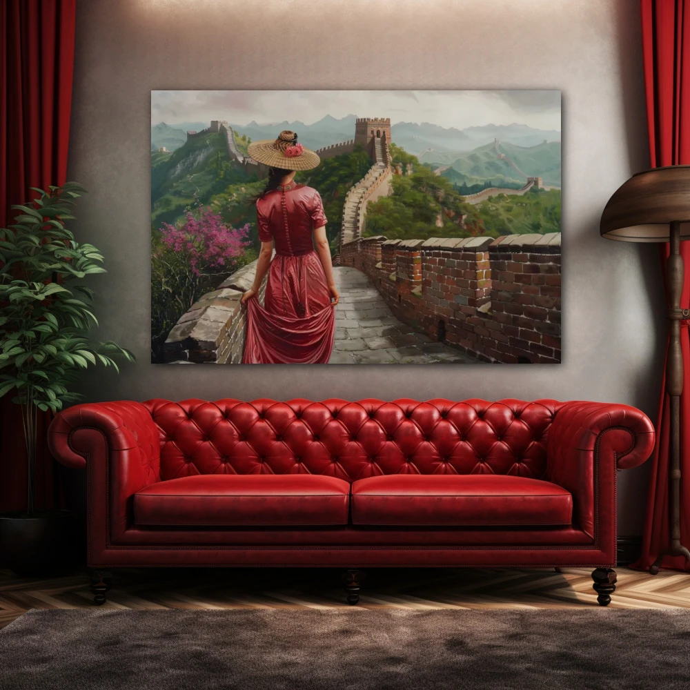 Cuadro vestigios de crimson travel en formato horizontal con colores rojo, verde; decorando pared de encima del sofá