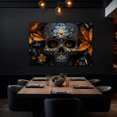 Cuadro el lujo de la muerte en formato horizontal con colores azul, dorado; decorando pared negra