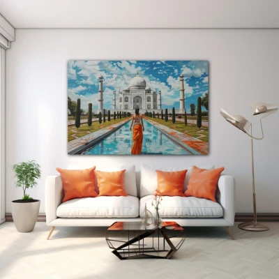 Wall Art titled: Love in Eternity in a Horizontal format with: Blue, Orange, and Green Colors; Decoration the White Wall wall Wall Art titled: Love in Eternity in a Horizontal format with: Blue, Orange, and Green Colors; Decoration the White Wall wall
