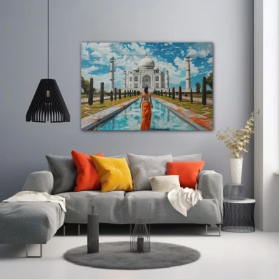 Wall Art titled: Love in Eternity in a  format with: Blue, Orange, and Green Colors; Decoration the Grey Walls wall