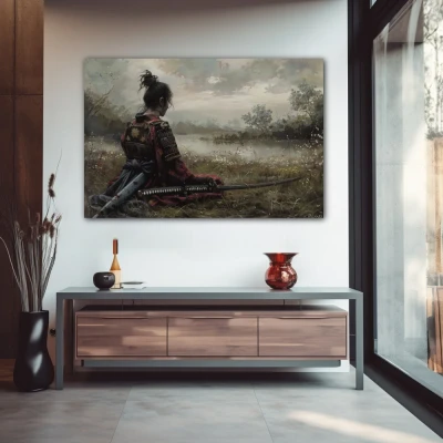 Wall Art titled: Solitude of the Warrior in a  format with: Grey, and Green Colors; Decoration the Entryway wall