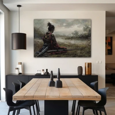 Wall Art titled: Solitude of the Warrior in a  format with: Grey, and Green Colors; Decoration the Living Room wall