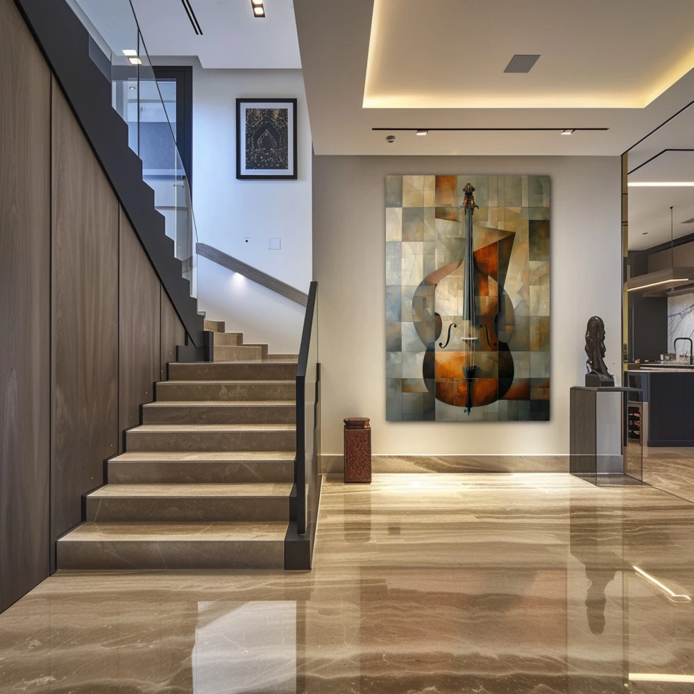 Wall Art titled: Geometric Vibrato in a Vertical format with: Grey, and Brown Colors; Decoration the Staircase wall