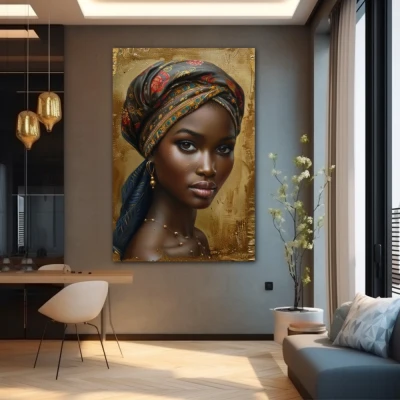 Wall Art titled: Zara Diop in a  format with: Golden, and Brown Colors; Decoration the Grey Walls wall