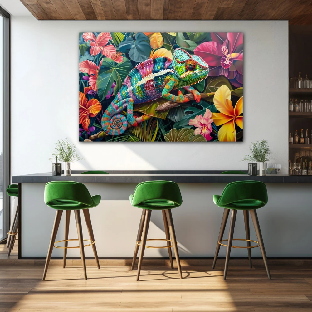 Wall Art titled: Chromatic Camouflage in a Horizontal format with: Pink, Green, Violet, and Vivid Colors; Decoration the Bar wall