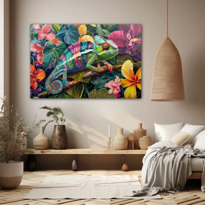 Wall Art titled: Chromatic Camouflage in a  format with: Pink, Green, Violet, and Vivid Colors; Decoration the Beige Wall wall