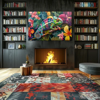 Wall Art titled: Chromatic Camouflage in a Horizontal format with: Pink, Green, Violet, and Vivid Colors; Decoration the Fireplace wall