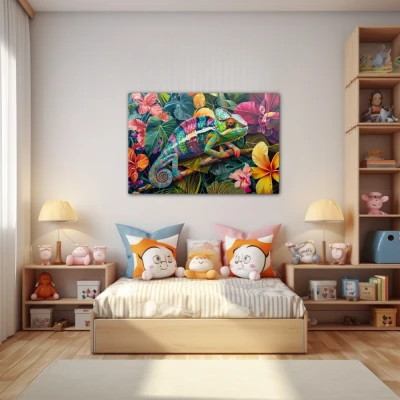 Wall Art titled: Chromatic Camouflage in a Horizontal format with: Pink, Green, Violet, and Vivid Colors; Decoration the Nursery wall