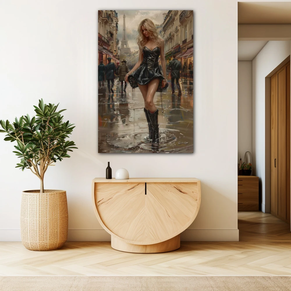 Wall Art titled: Reflections of Paris in a Vertical format with: Grey, Brown, and Black Colors; Decoration the Beige Wall wall