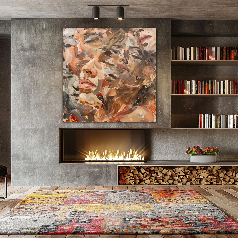 Cuadro espejismos de identidad en formato cuadrado con colores pastel; decorando pared de chimenea