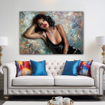 Wall Art titled: Angharad Thais in a  format with: Blue, Grey, and Black Colors; Decoration the Above Couch wall