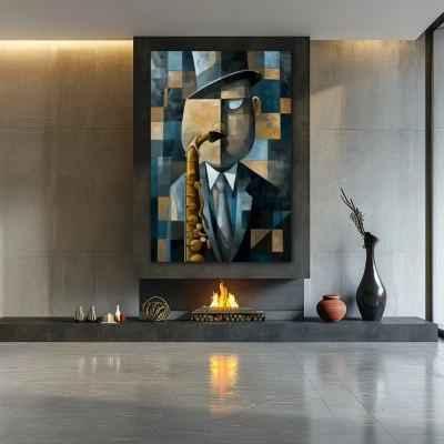 Cuadro melody in geometric shades en formato vertical con colores azul, beige; decorando pared de chimenea
