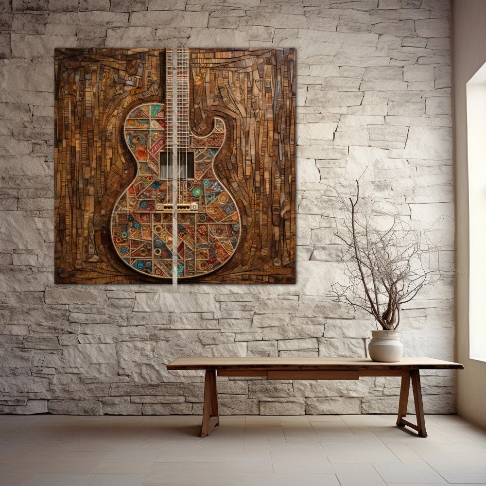 Cuadro melodía en madera en formato cuadrado con colores marrón, turquesa; decorando pared piedra