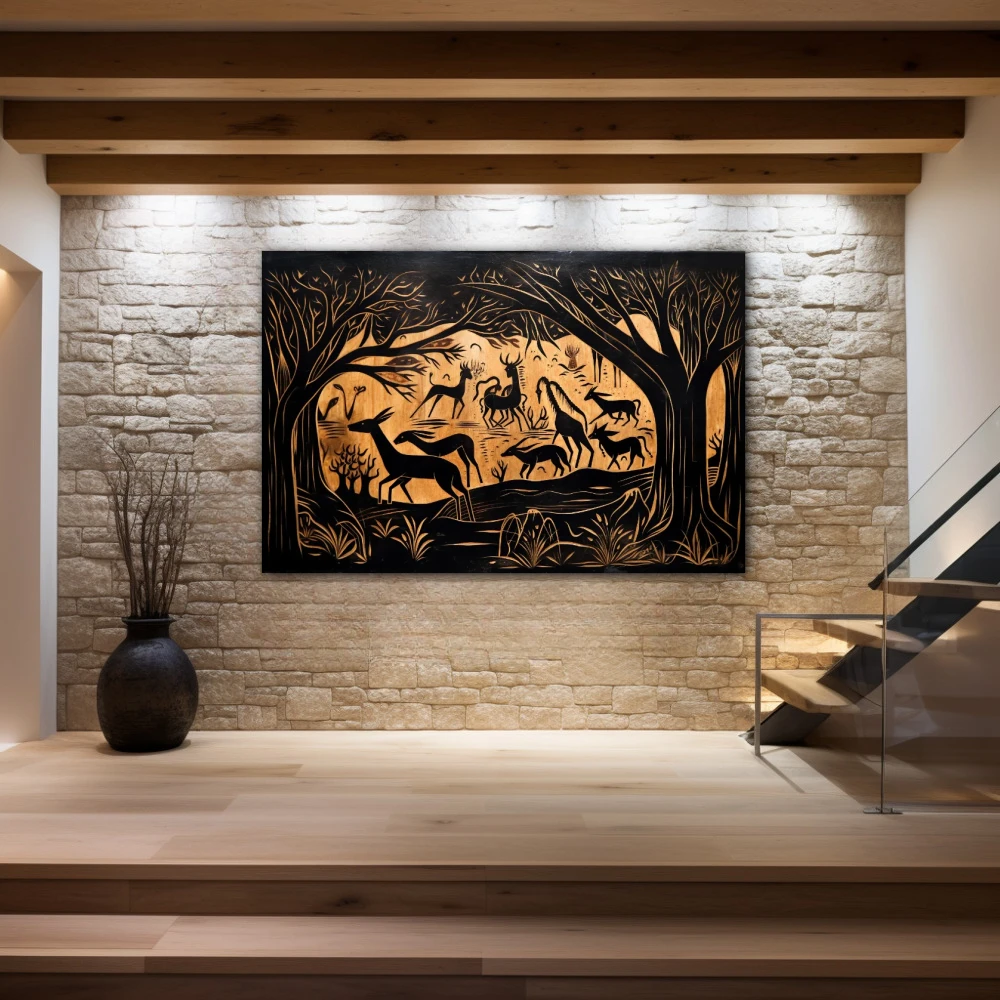 Cuadro naturaleza ancestral grabada en formato horizontal con colores marrón, negro, beige; decorando pared piedra