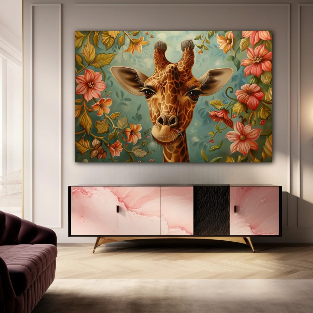 Wall Art titled: Giraffe in the Enchanted Garden in a Horizontal format with: Pink, Green, and Pastel Colors; Decoration the Sideboard wall