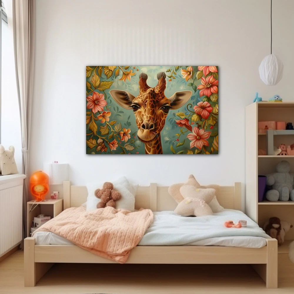 Wall Art titled: Giraffe in the Enchanted Garden in a Horizontal format with: Pink, Green, and Pastel Colors; Decoration the Nursery wall