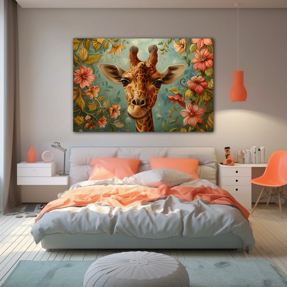 Wall Art titled: Giraffe in the Enchanted Garden in a Horizontal format with: Pink, Green, and Pastel Colors; Decoration the Teenage wall