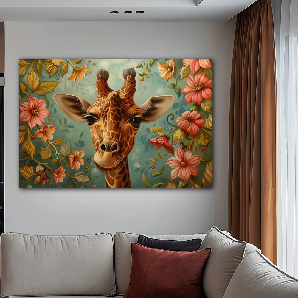 Wall Art titled: Giraffe in the Enchanted Garden in a Horizontal format with: Pink, Green, and Pastel Colors; Decoration the Above Couch wall