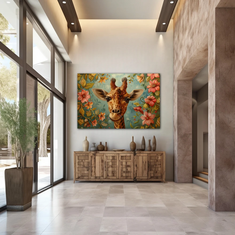 Wall Art titled: Giraffe in the Enchanted Garden in a Horizontal format with: Pink, Green, and Pastel Colors; Decoration the Entryway wall