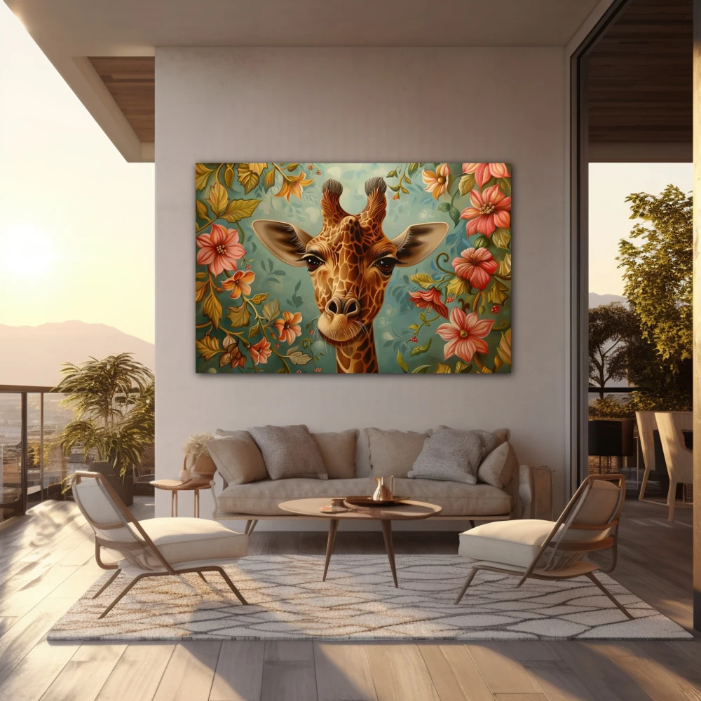 Wall Art titled: Giraffe in the Enchanted Garden in a Horizontal format with: Pink, Green, and Pastel Colors; Decoration the Outdoor wall