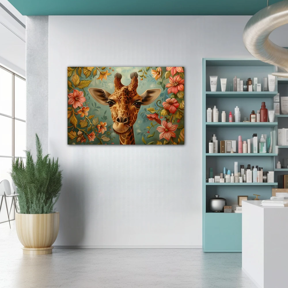 Wall Art titled: Giraffe in the Enchanted Garden in a Horizontal format with: Pink, Green, and Pastel Colors; Decoration the Pharmacy wall